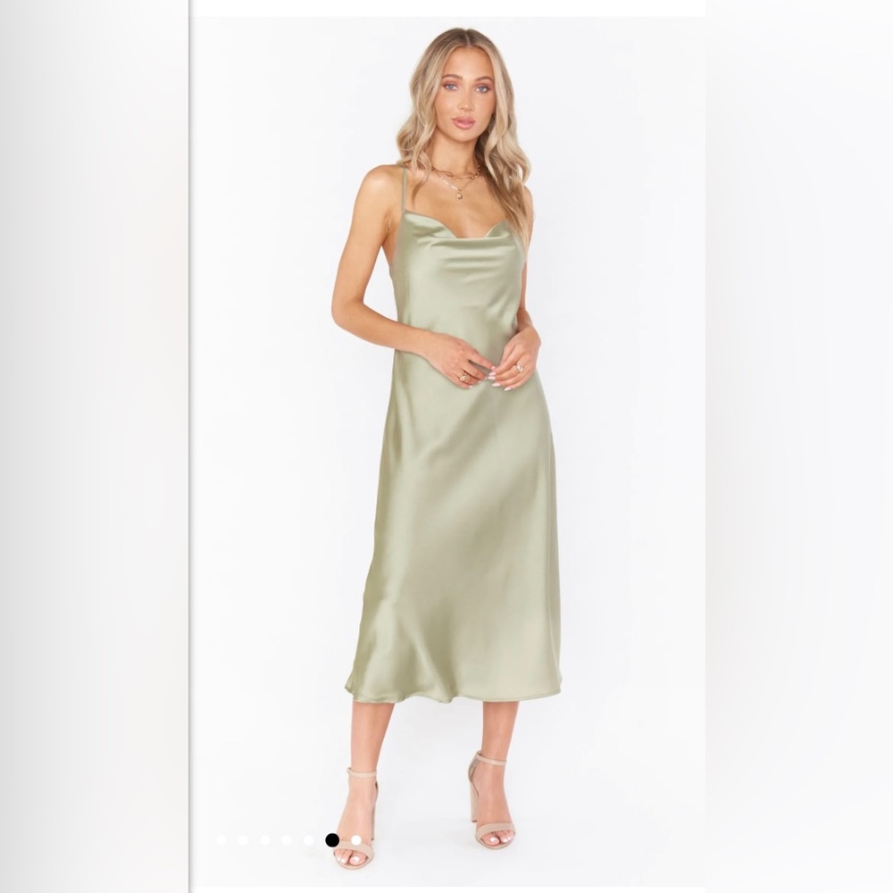 Verona cowl dress in moss green luxe satin